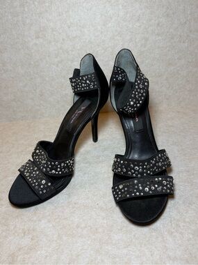 Nina New York Black Stiletto Heels Sparkling Rhinestone Satin Straps Size 7M